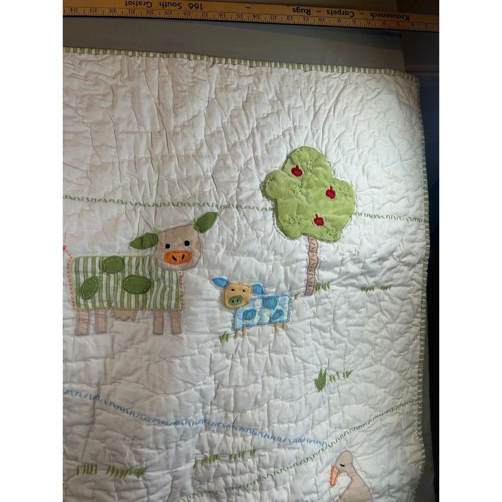 Pottery Barn Kids Farm Animal Embroidered Baby Quilt and Crib Skirt Set Cotton
